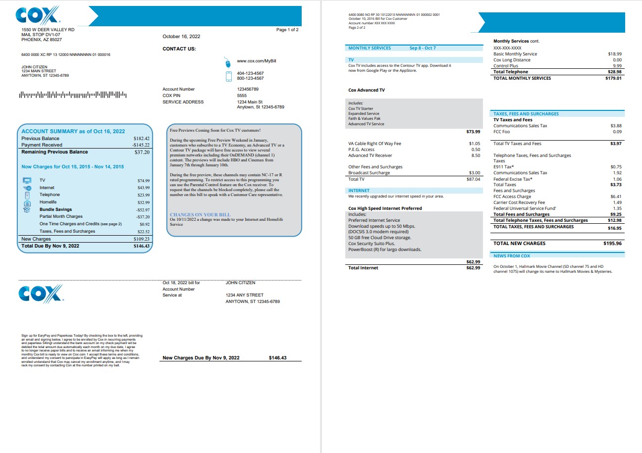 USA COX utility bill template in Word and PDF format
